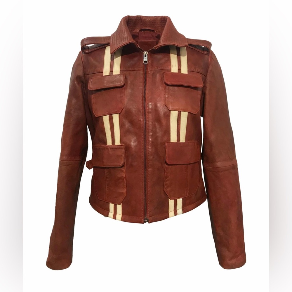 Red Striped Leather Moto Jacket